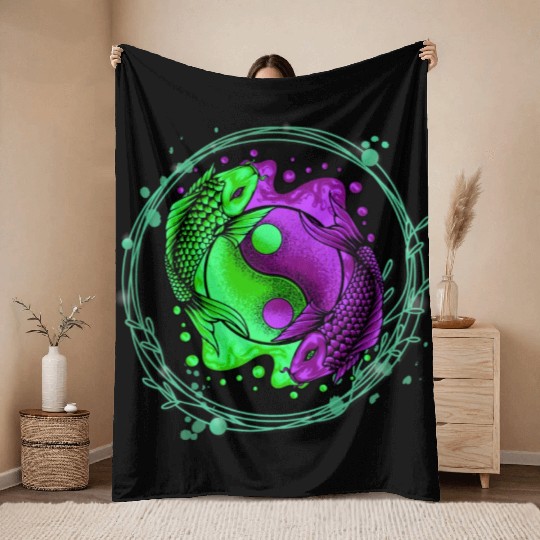 Yin Yang Yoga Japanese Koi Fish Throw Blankets