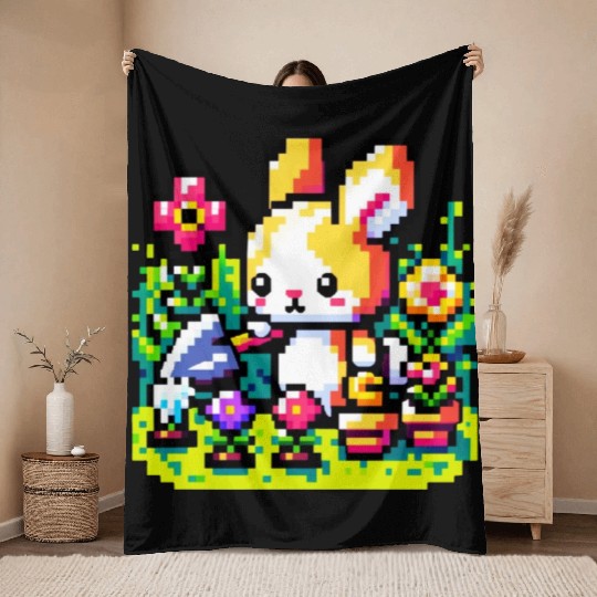 8-Bit Bunny Gardener: Retro Digital Garden Scene Throw Blankets