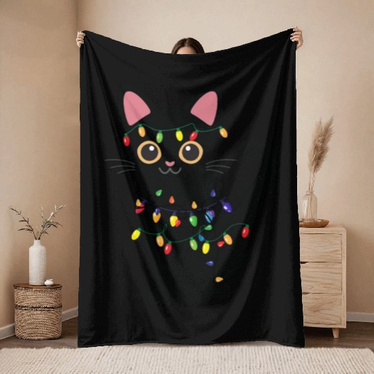 Christmas Cat Black Throw Blankets