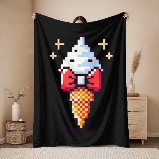 Whimsical 8-Bit Ice Cream: Retro Bow Tie Delight Throw Blankets
