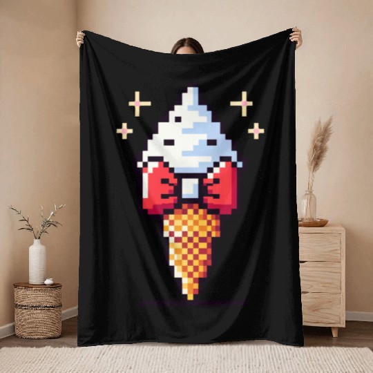 Whimsical 8-Bit Ice Cream: Retro Bow Tie Delight Throw Blankets