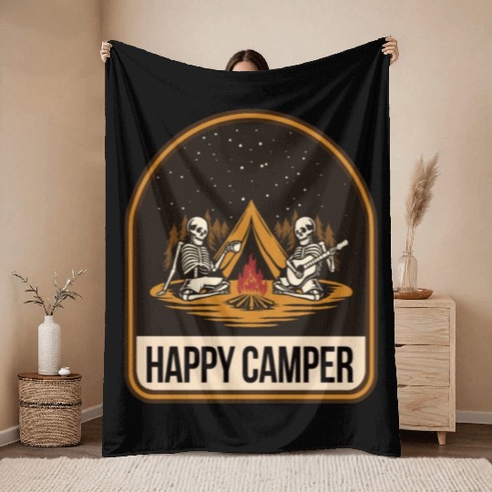 Happy Camper Skeleton Campfire Tent Throw Blankets