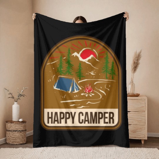 Happy Camper Camping Campfire Tent Throw Blankets