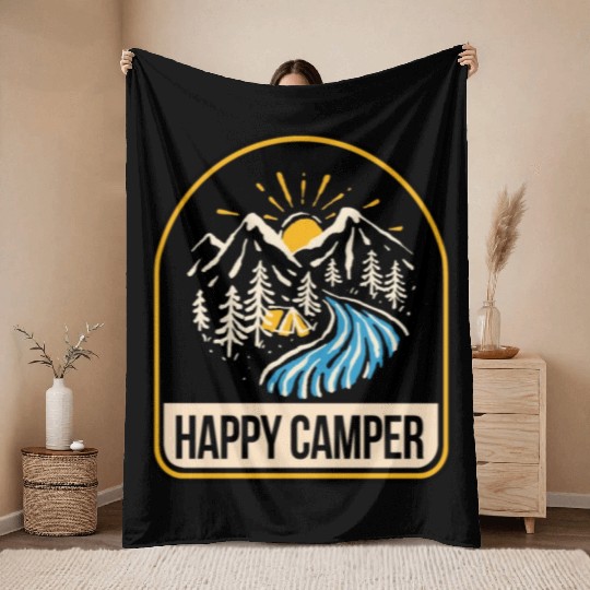 Happy Camper Camping Campfire Tent Throw Blankets