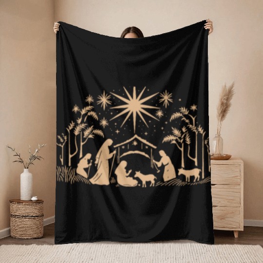 Nativity Scene with Mary Joseph Baby Jesus Throw Blankets
