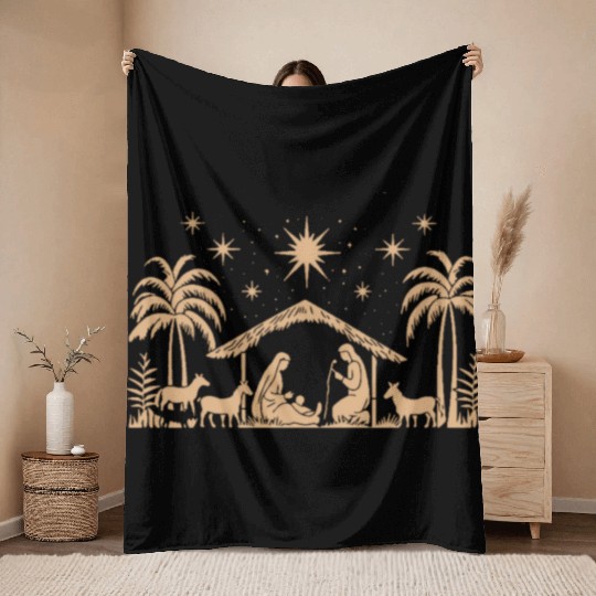 Nativity Scene with Mary Joseph Baby Jesus Throw Blankets