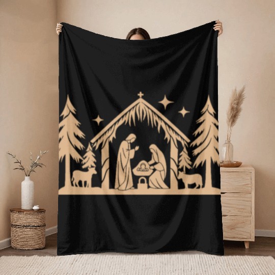 Nativity Scene with Mary Joseph Baby Jesus Throw Blankets
