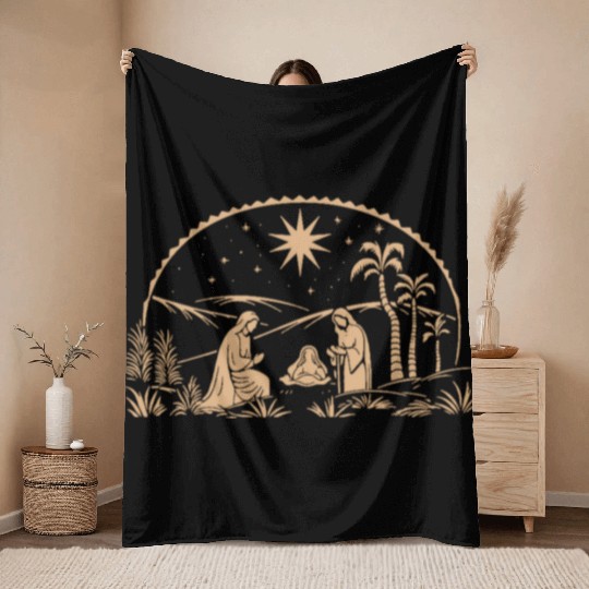 Nativity Scene with Mary Joseph Baby Jesus Throw Blankets