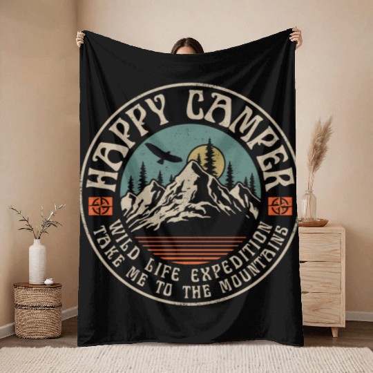 HAPPY CAMPER VINTAGE MOUNTAINS Throw Blankets