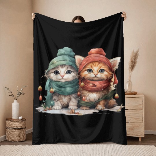 Sweet and playful Christmas kittens wearing hats Throw Blankets