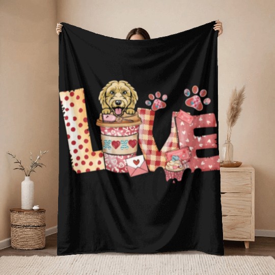 Doodle Dog Coffee Lover Dog Mom Valentines Day Throw Blankets