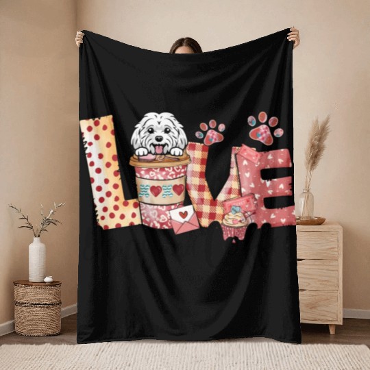 Maltese Dog Coffee Lover Dog Mom Valentines Day Throw Blankets