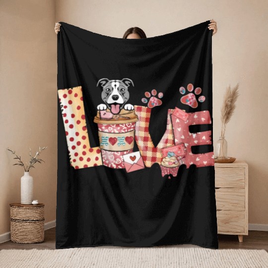 Pitbull Dog Coffee Lover Dog Mom Valentines Day Throw Blankets