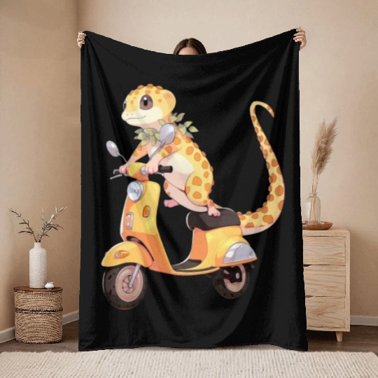 Leopard Gecko on Scooter Funny Lizard Biker Moped Throw Blankets
