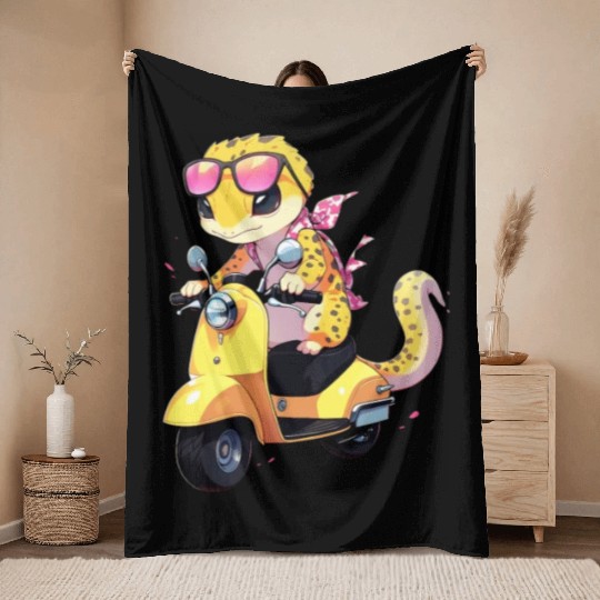 Leopard Gecko on Scooter Funny Lizard Biker Moped Throw Blankets