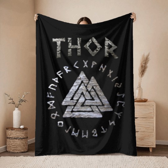Thor Mjolnir Valknut Vikings Runes Throw Blankets