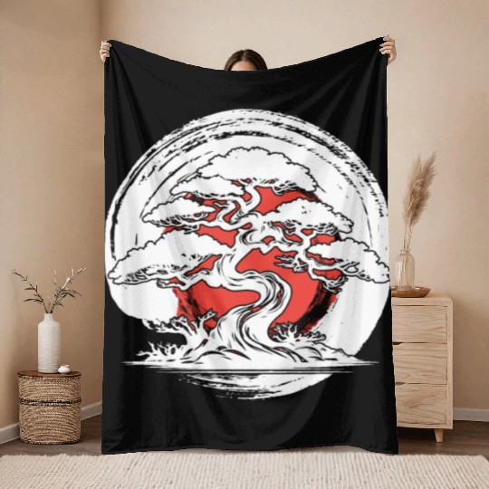 Bonsai Tree In Japanese Zen Buddhist Enso Circle T Throw Blankets