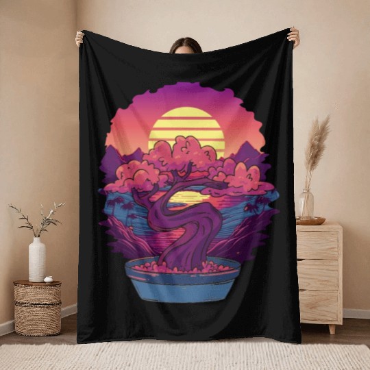 Bonsai Tree and The Rising Sun In Japan Design T-S Throw Blankets