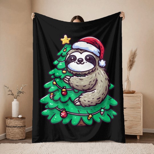 Christmas Sloth - Relaxing on the Christmas Tree Throw Blankets