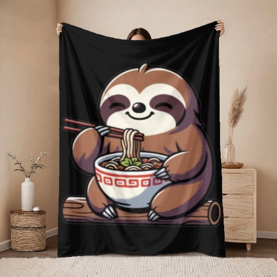 Cute Sloth Eats Ramen Noodles Sloths Ramen Throw Blankets