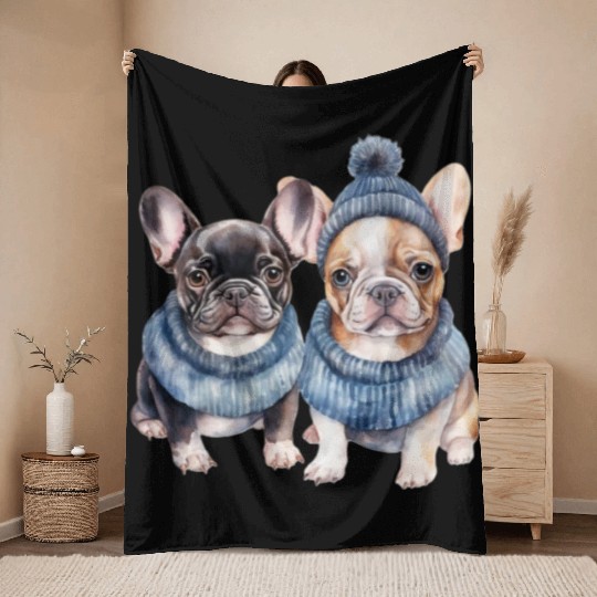 Winter Christmas Bulldogs with Blue Hats Throw Blankets