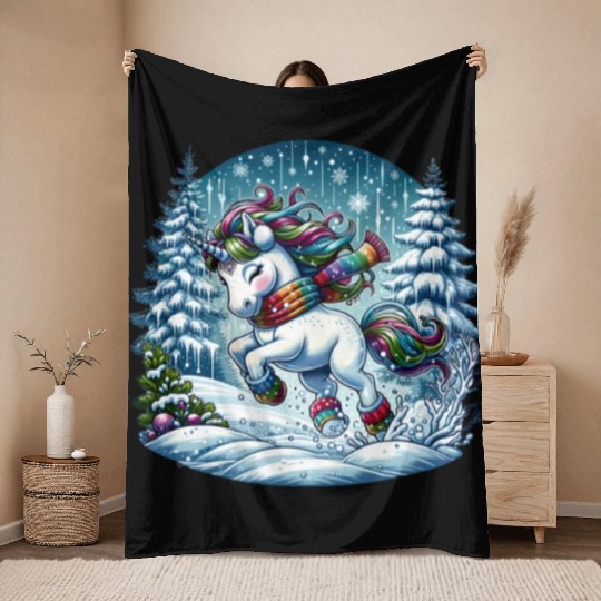 Unicorn in a Winter Wonderland Throw Blankets