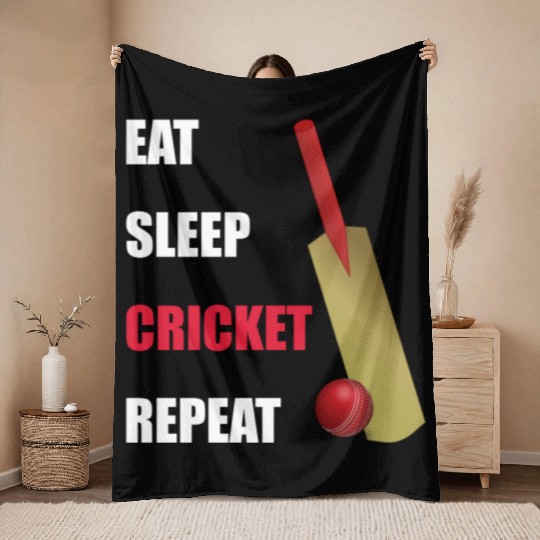 Eat Sleep Cricket Repeat Red and White Text Throw Blankets