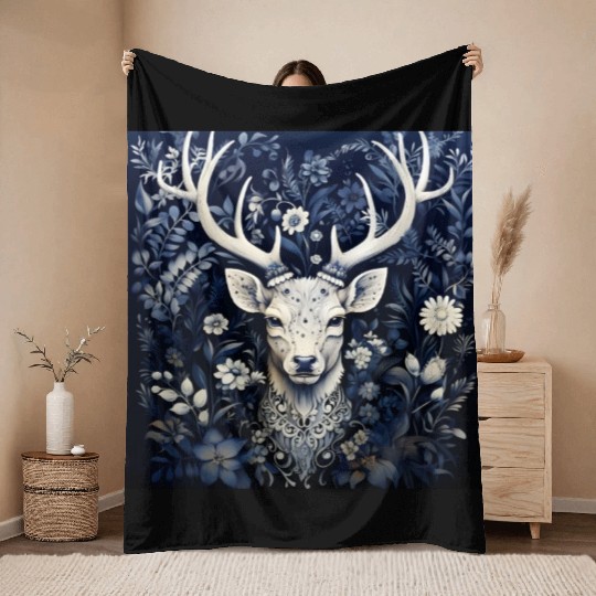 Enchanted Forest Deer Winter Bloom Throw Blankets