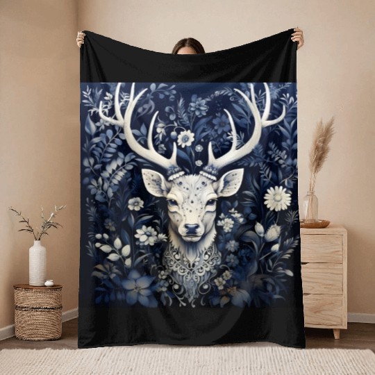 Enchanted Forest Deer Winter Bloom Throw Blankets