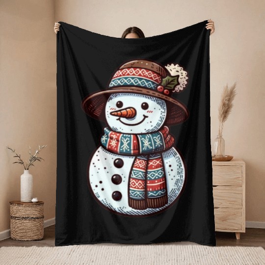 Winter Wonderland: Charming Snowman Illustration Throw Blankets