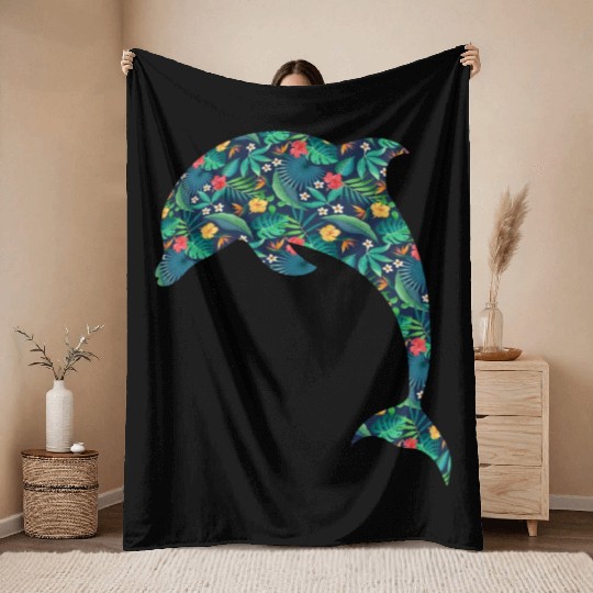 Dolphin Tropical Flower Floral Throw Blankets