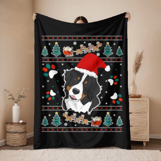 Merry Woofmas Bernese Mountain Dog Throw Blankets