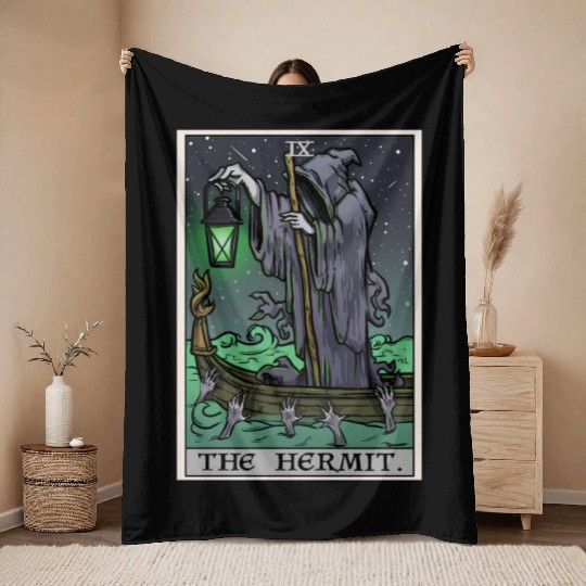 The Hermit Tarot Card Gothic Halloween Grim Reaper Throw Blankets