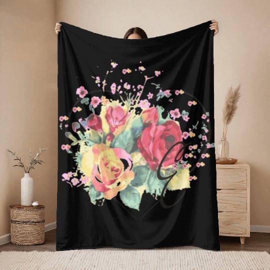 Letter E Monogram Floral Roses Heart Throw Blankets