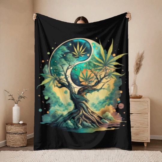 Tree Of Life Yin Yang Water Color Throw Blankets