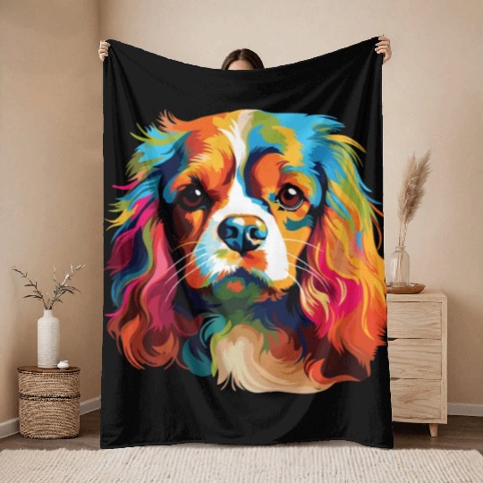 Watercolor Colorful Cavalier King Charles Spaniel Throw Blankets