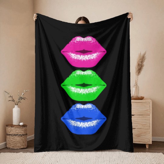 3 Kissing Lips Neon Colors Throw Blankets