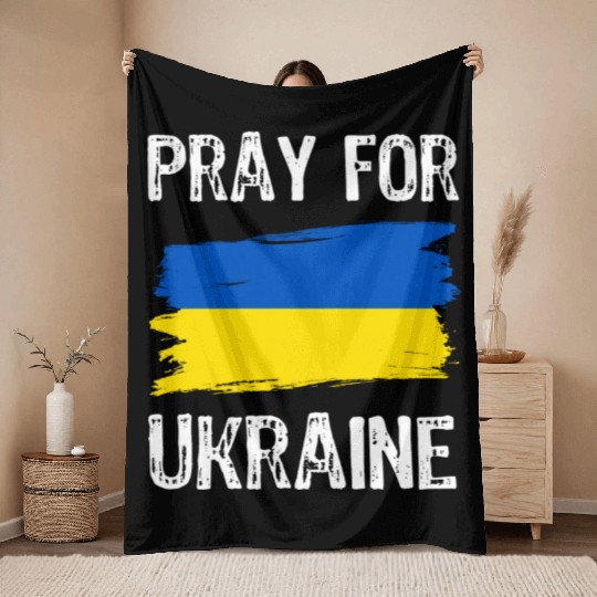 Pray For Ukraine With Ukrainian Flag Throw Blankets