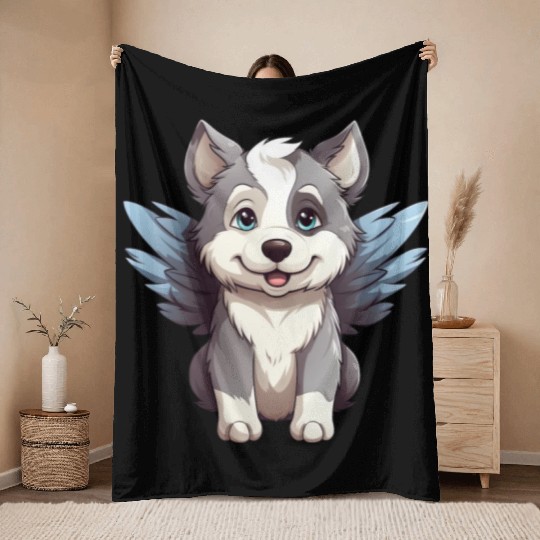 Husky Angel - Cute Dog with Heavenly Wings Throw Blankets