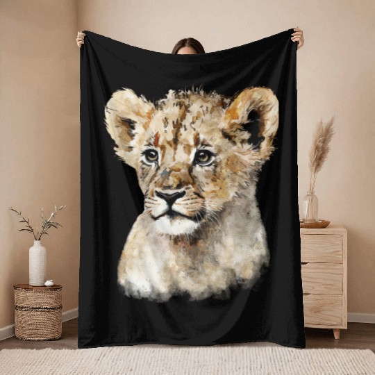 Baby Lion Cub Cute Watercolor Painting Portrait Throw Blankets