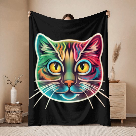 cat face neon design Throw Blankets