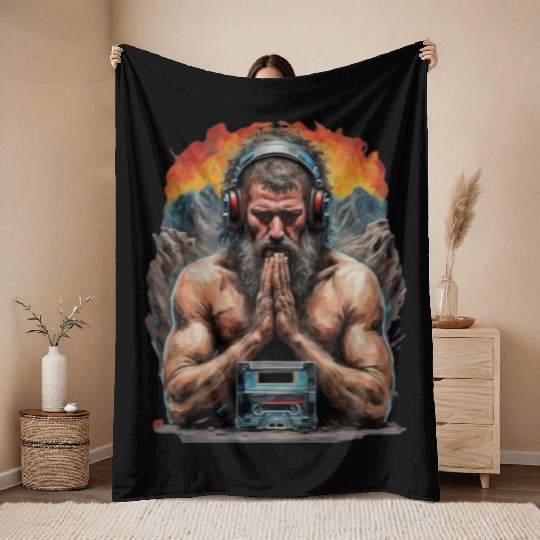 Groovy Stone Age: The Caveman in Beats Ritual Throw Blankets