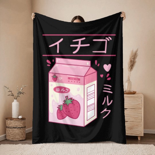 Japanese Strawberry Milk Drink Kawaii Kanji Vaporw Throw Blankets