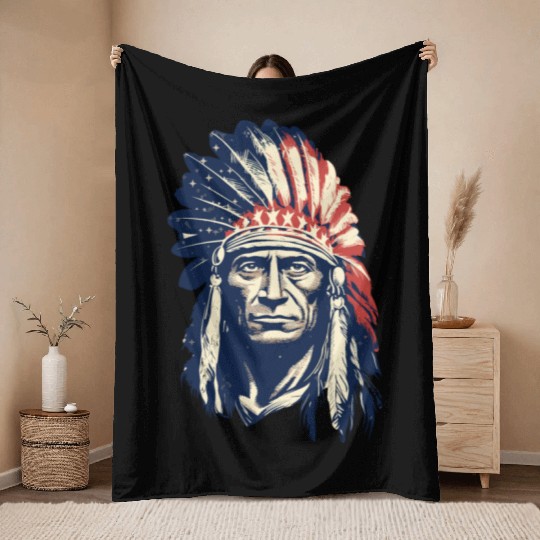 Indian Native American Chief Feather Headdress Throw Blankets