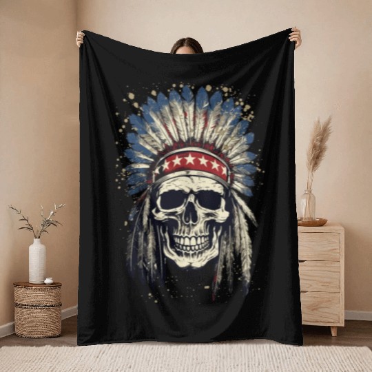 Skull Indian Chief Native American USA Throw Blankets
