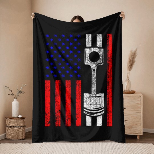 American Flag Piston Muscle Car Patriotic Vintage Throw Blankets