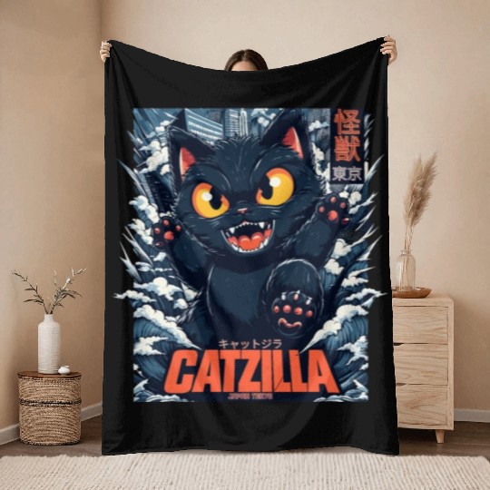 Kaiju Catzilla in Japan Tokyo Throw Blankets