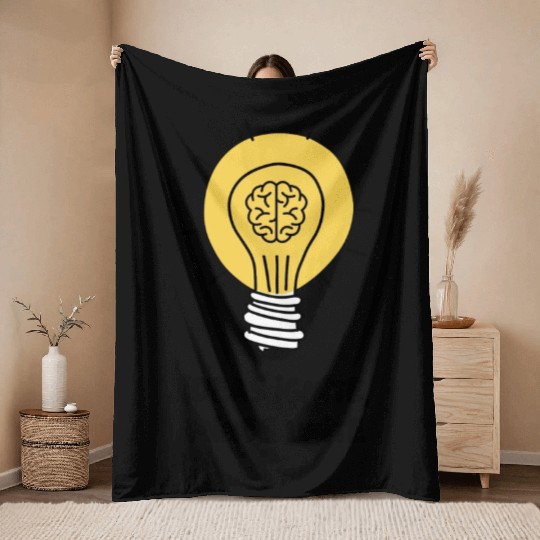 Lamp Bulb Brain Idea Yellow - Creative Spark Throw Blankets