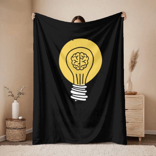 Lamp Bulb Brain Idea Yellow - Creative Spark Throw Blankets