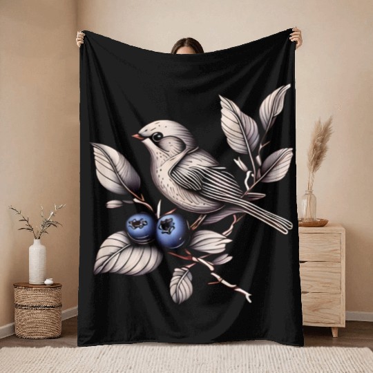 Bird on a Blueberry Branch Throw Blankets